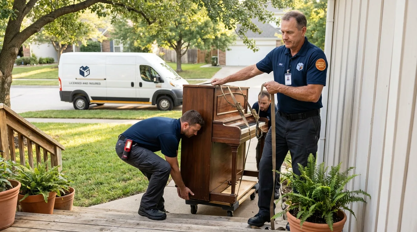 Licensed piano movers securing grand piano in Owensville, MO