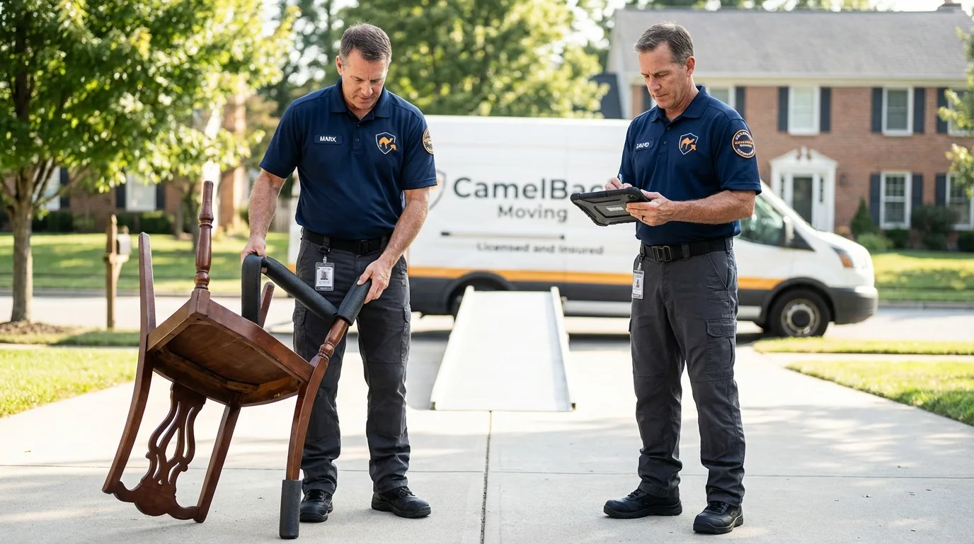 Movers inspecting furniture for damage prevention before loading in Owensville, MO