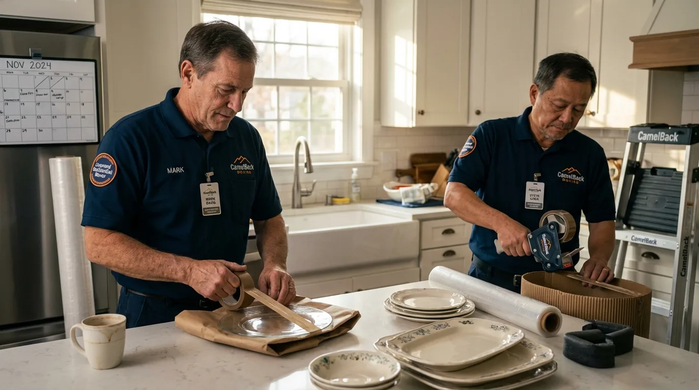 Professional crew packing kitchen dishware in Owensville, MO